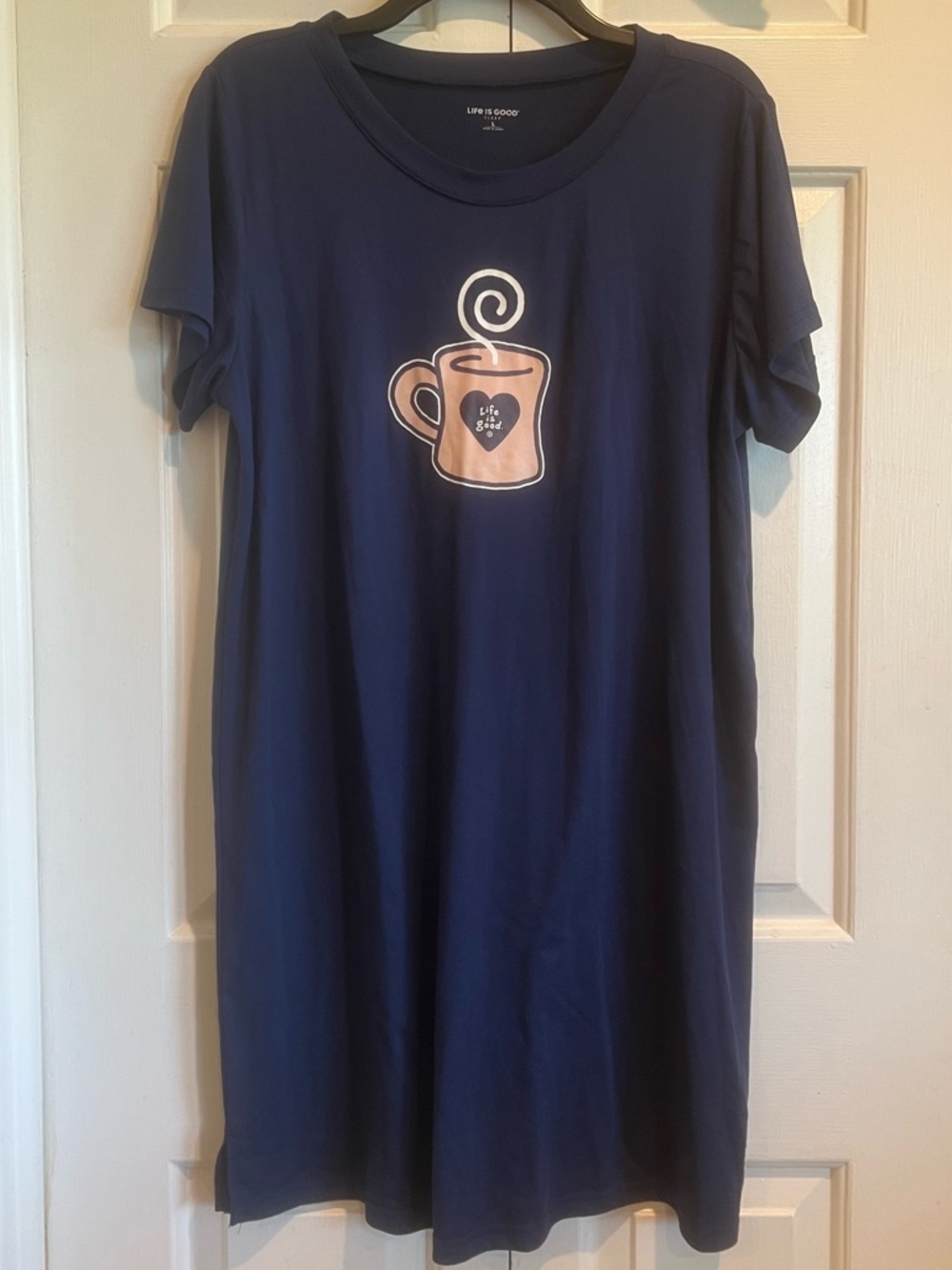 Life Is Good💙Navy Nightgown with Short Sleeves & Coffee Mug Graphic